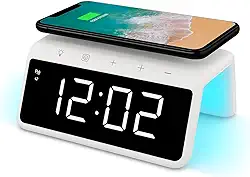 Relógio Digital Despertador com Carregador por Indução 15W, Abajur LED RGB, Display LED, Compatível com iPhone e Samsung, USB-C, (Branco)