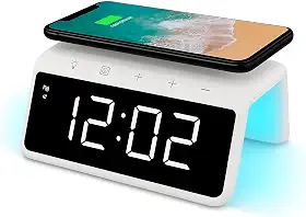 Relógio Digital Despertador com Carregador por Indução 15W, Abajur LED RGB, Display LED, Compatível com iPhone e Samsung, USB-C, (Branco)