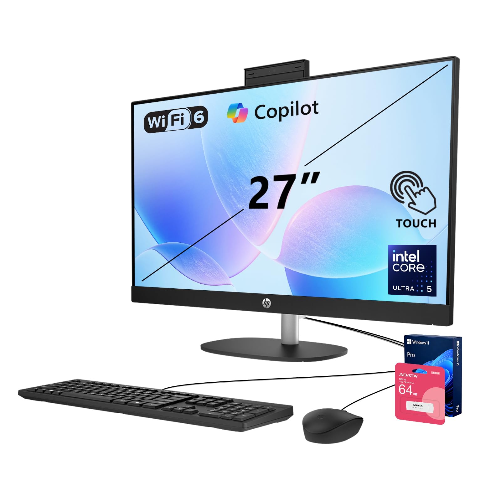HP 27" FHD Touchscreen All-in-One Desktop, Intel Core Ultra 5 225U(12-core), 64GB DDR5 RAM, 1TB SSD, Windows 11 Pro, Next-Gen AI PC Computer with Wired Keyboard &amp; Mouse, Black, w/ 64GB Flash Drive
