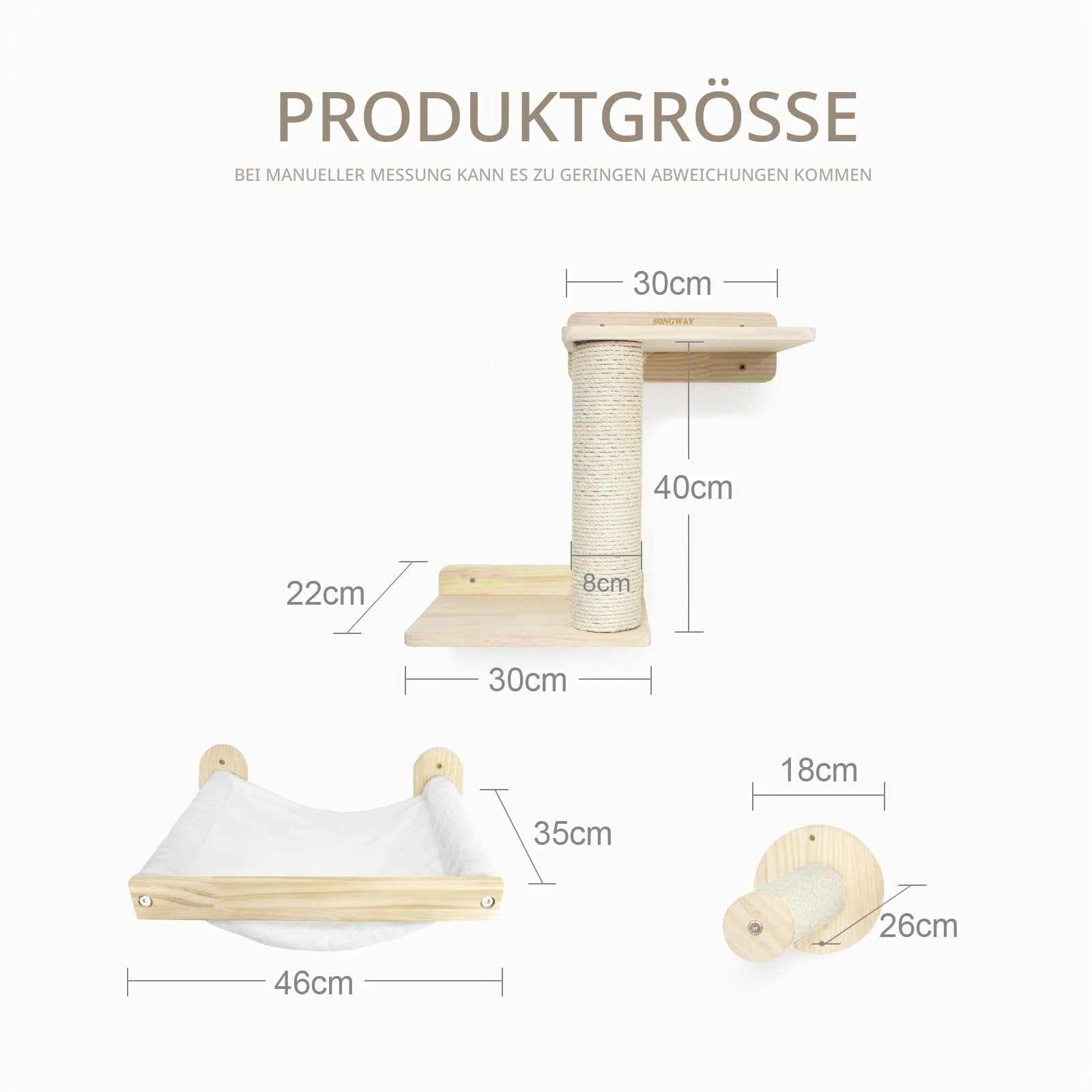 SONGWAY Kletterwand Katzen Katzentreppe Wandmontage - 4-teilig Katzen Kletterwand Set mit Hängematte und Sisalsäule, Wandliege Katze, Kratzbaum Wand, Katze kratzmöbel, Beige