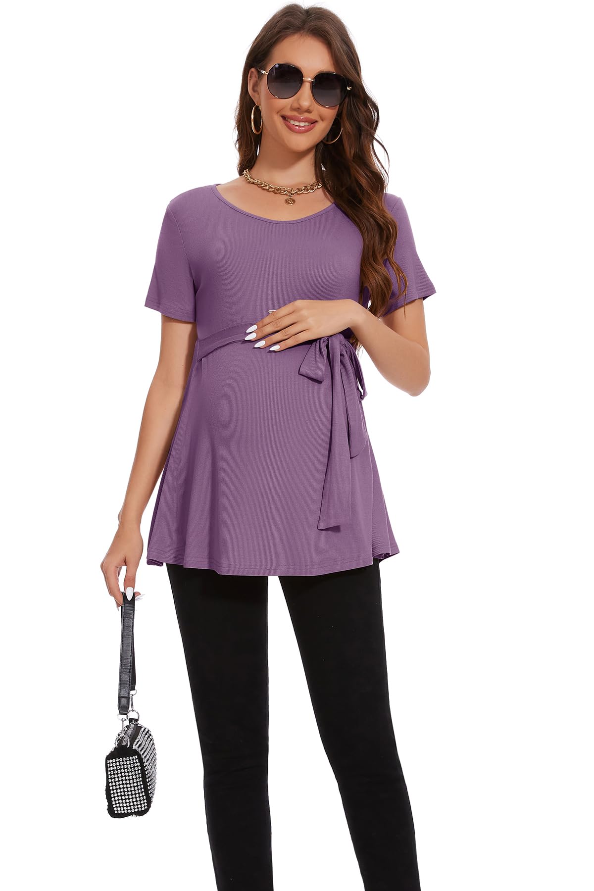 Smallshow Ropa de Mujer Embarazada Manga Corta Side Split Tops Maternidad,Misty Lilac,M