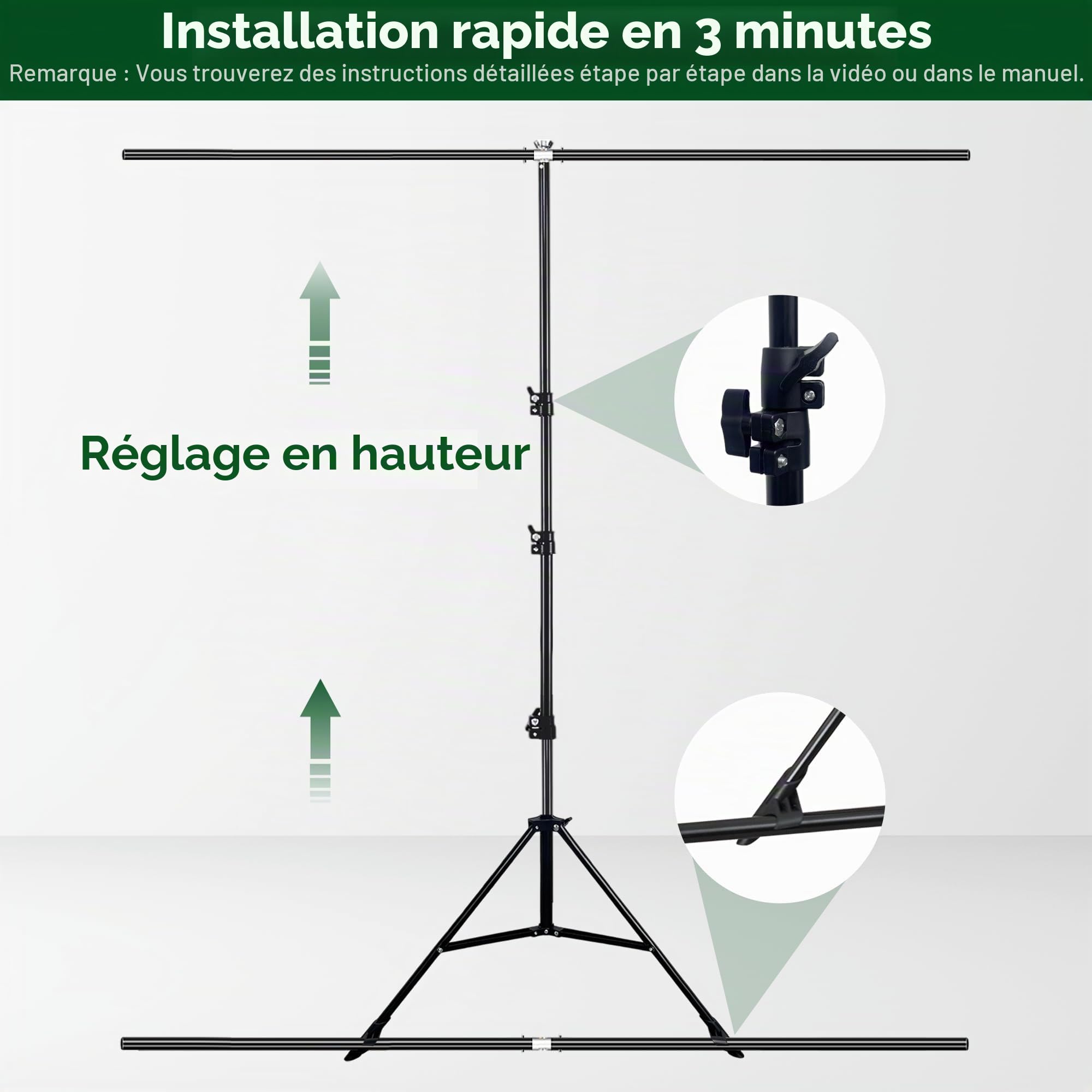 Kavier Fond Vert avec Support 2x1,5m Kit de Studio avec Double Barre Transversale pour Stabilité Maximale – Écran Chroma Key Pliable pour Streaming, Gaming & Réunions en Ligne