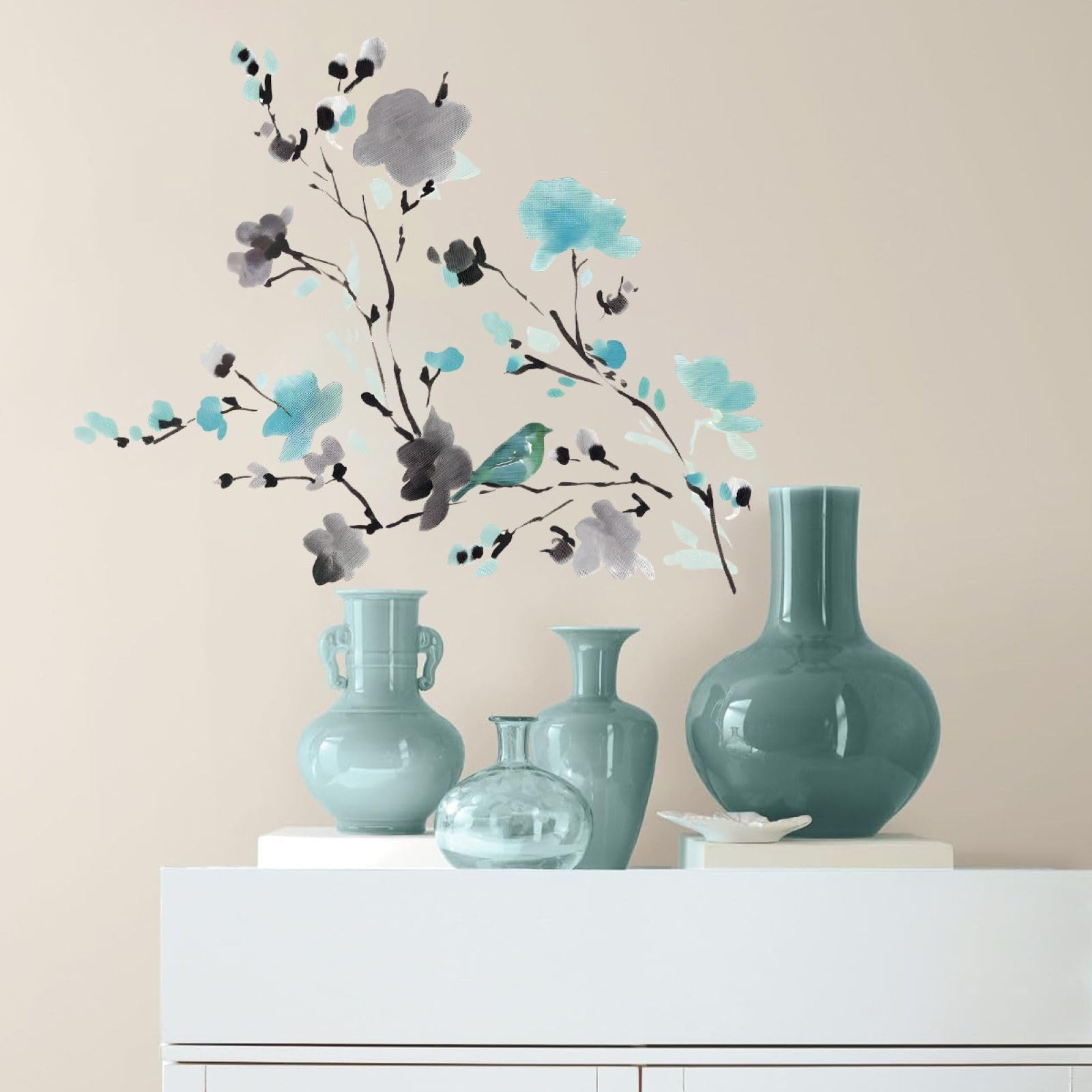 FUFUQUARE Floral Beach Wall Sticker Blue Chinese Ink Flowers Wall Art Decals Peel and Stick Waterproof Decorations for Bedroom Living Room Sofa TV Background Playroom - Image 3