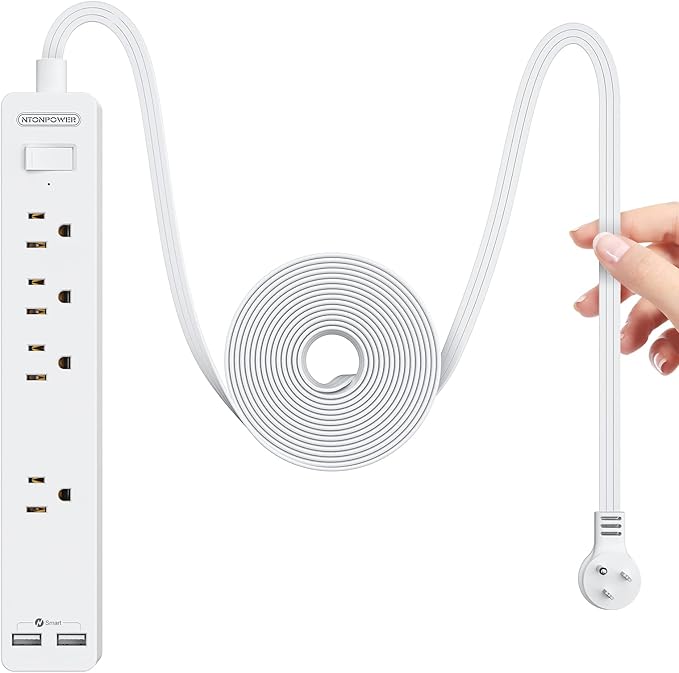 NTONPOWER Flat Power Bar 10 Ft, Flat Extension Cord Under Carpet, Rug, Flat Plug Power Bar, Wall