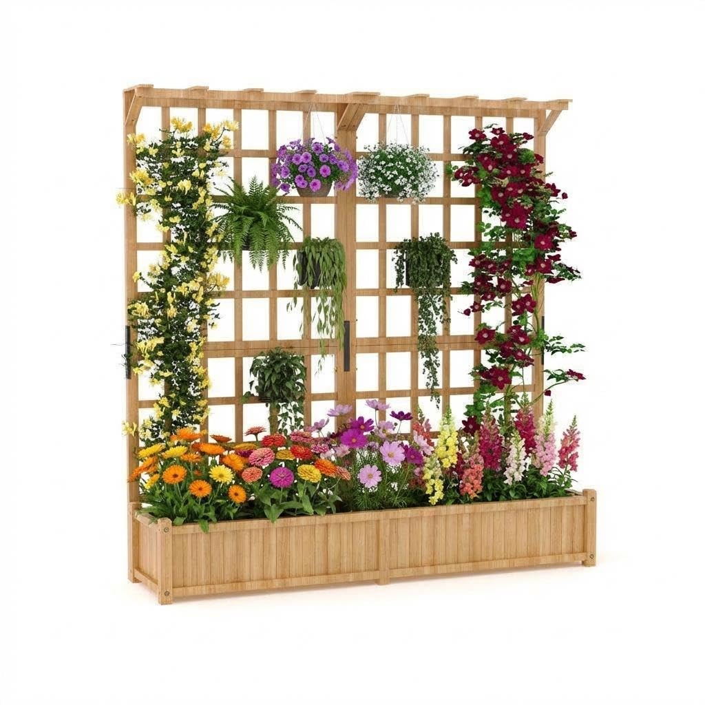Hochbeet Holz 124x41x160cm, Rankgitter & Dach, 2 Ebenen, Balkon, Garten