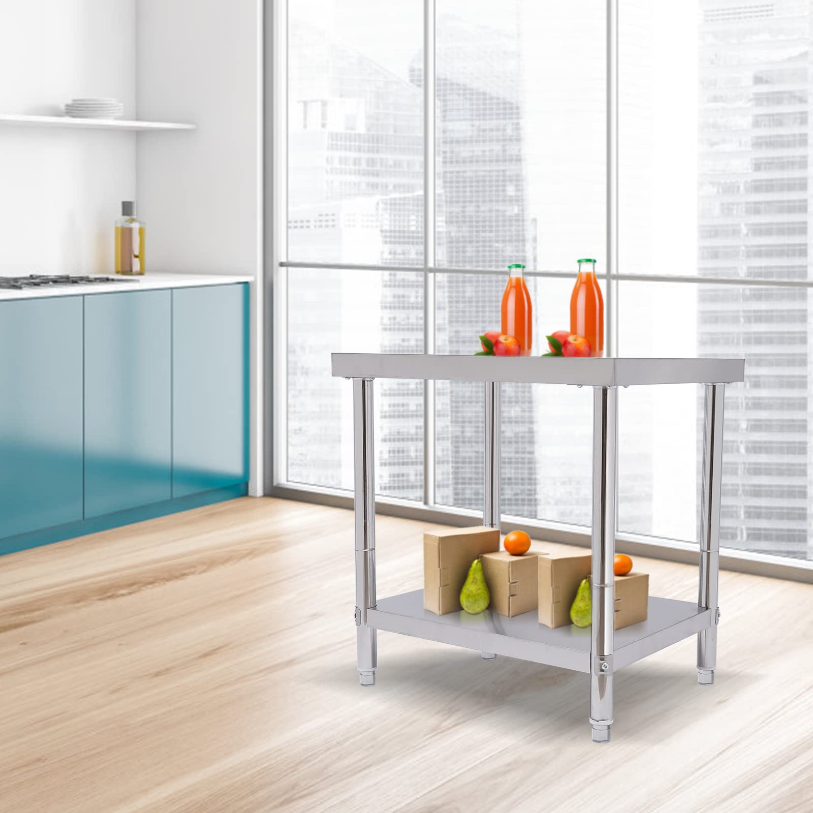 Mesa de trabajo de acero inoxidable para catering, para preparar alimentos, mesa de cocina, mesa de acero inoxidable, mesa de cocina, desmontable, mesa de trabajo con estante inferior, 76 x 60 cm