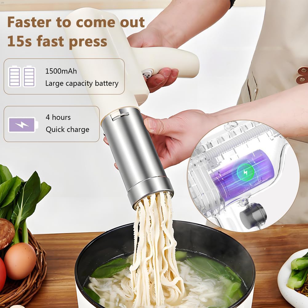 Elektrische pastamachine, handvatbaar met 5 modi, oplaadbare machine voor zelfgemaakte spaghetti/fettuccine (beige