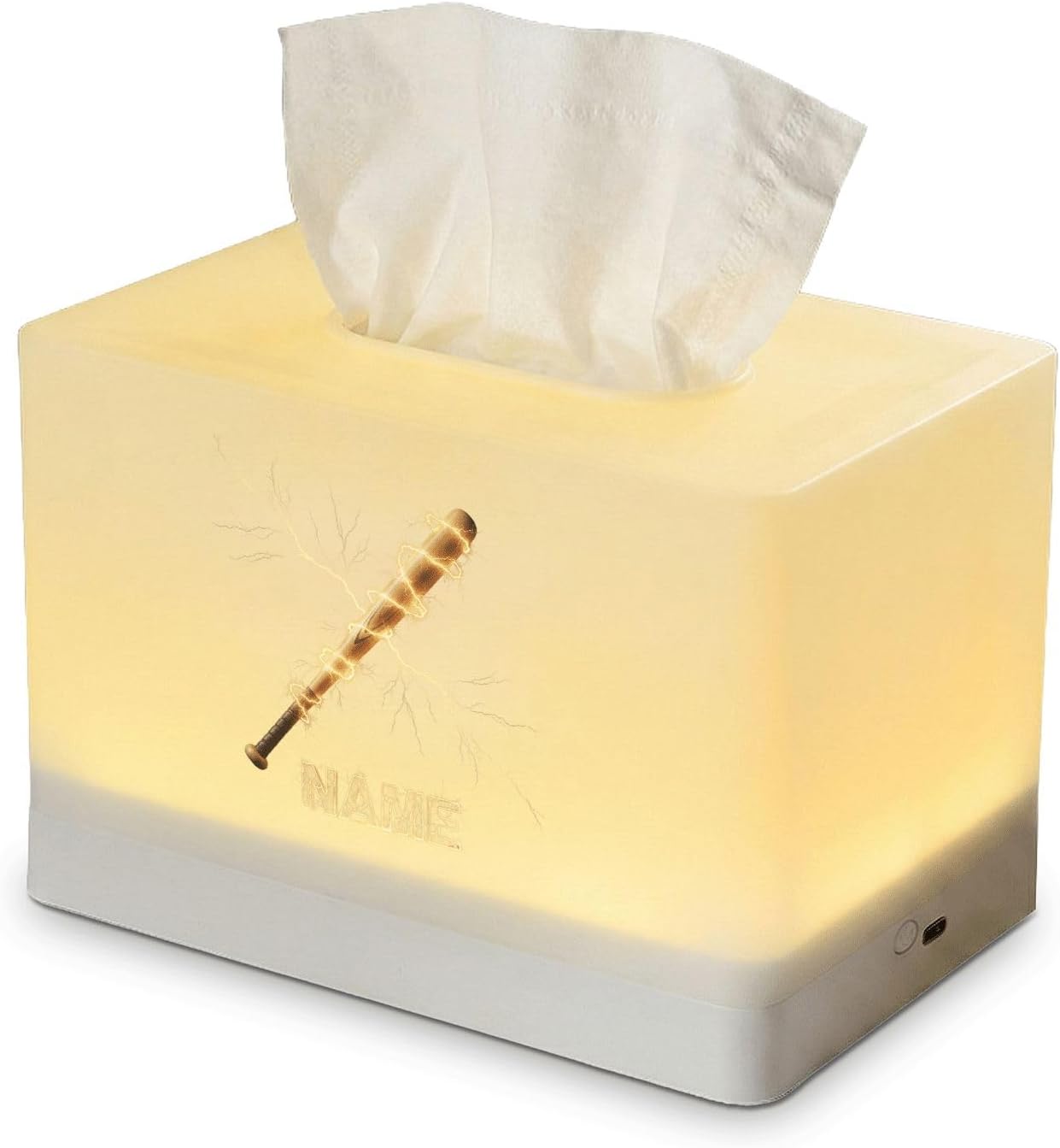 Personalized Baseball Bat Tissue Box Cover with LED Night Light, Custom Name Engraved, Rechargeable Desk and Nightstand Lamp for Boys Room Decor