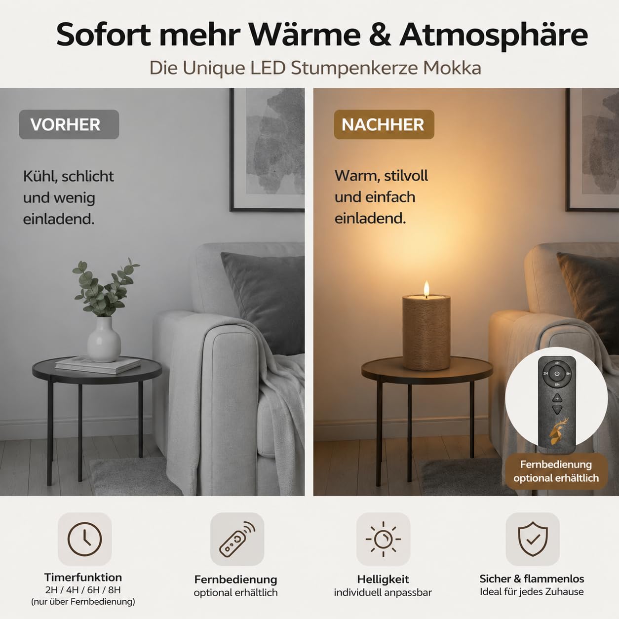 ReWu Deluxe Homeart Unikalna świeca LED, do użytku wewnątrz pomieszczeń, z realistycznym płomieniem, na lustrze z prawdziwego wosku, ręcznie wykonana, mokka, 10 x 15 cm