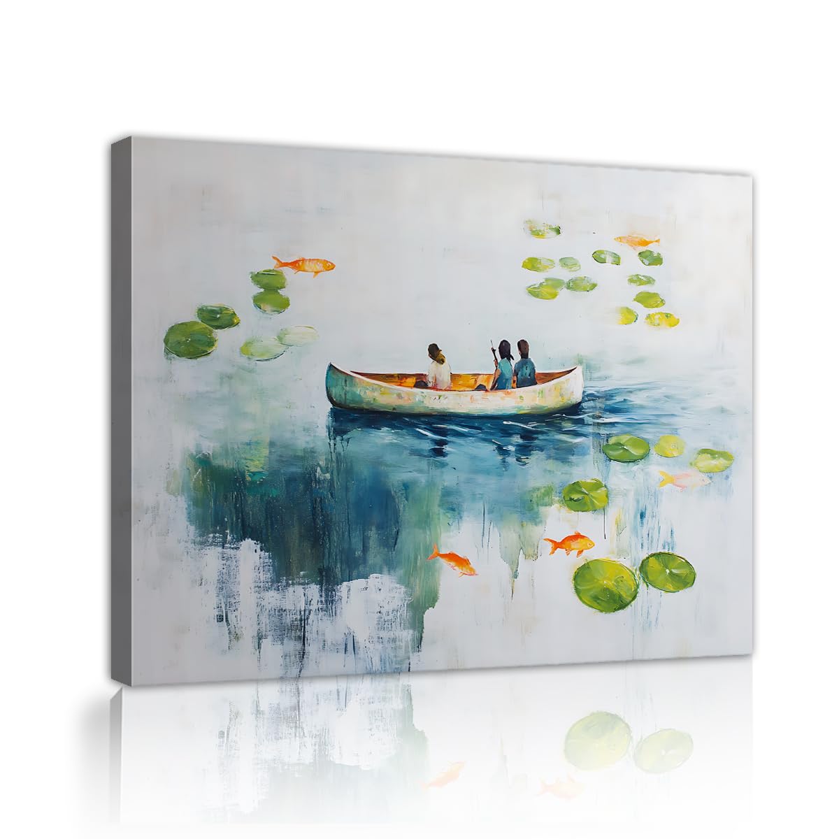 SHENGPOSTER Nordic Modern Canvas Wall Art Boat Lake Lotus Leaf Fish Scenery Artwork Canvas Poster Minimalist Nature Pictures for Dining Room Bedroom Innerframe 40x50cm