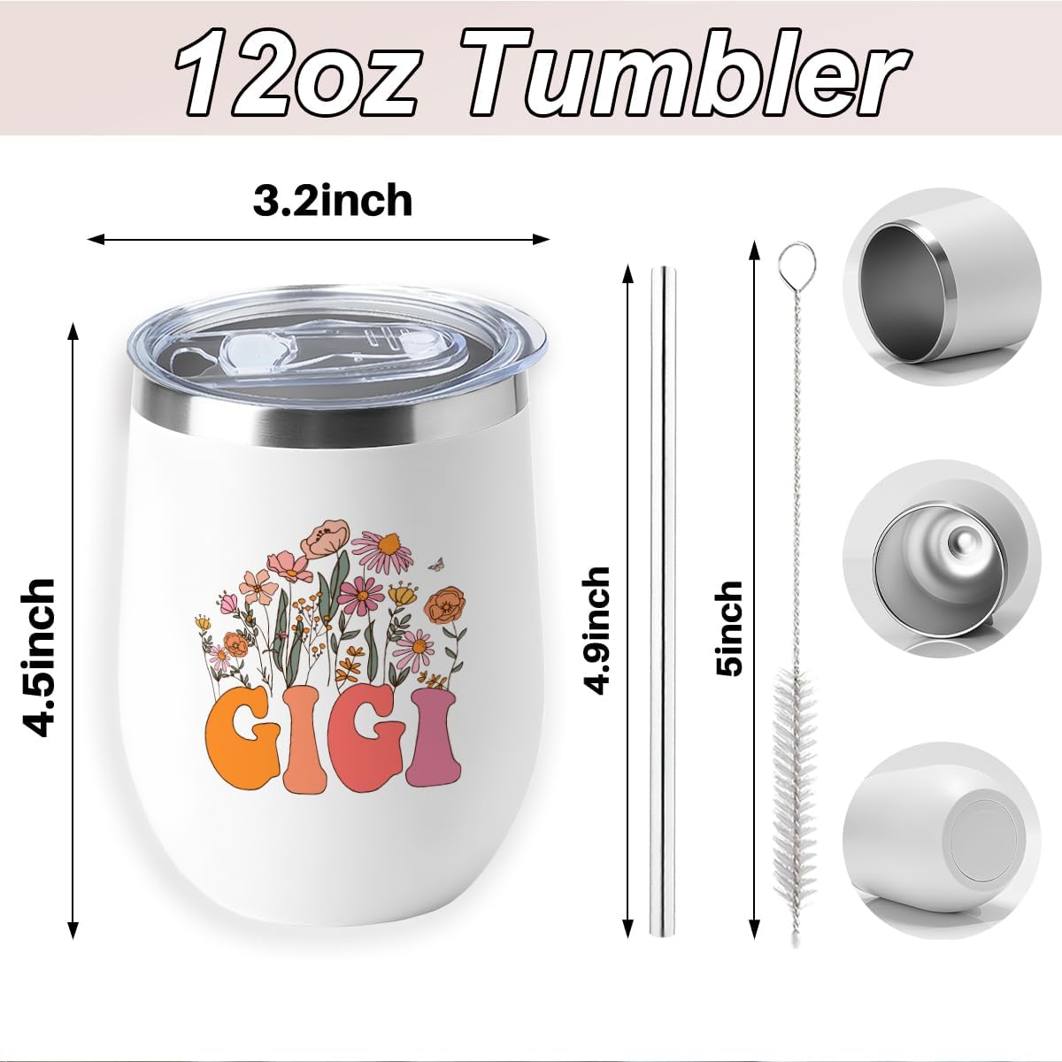 Gigi Grandma Birthday Gifts Wine Tumbler 12 oz Insulated Wine Glass Cup with Lid Straw Vacuum Insulated Travel Cup,Grandma Gifts from Granddaughter for Women Grandmother Christmas Mothers Day