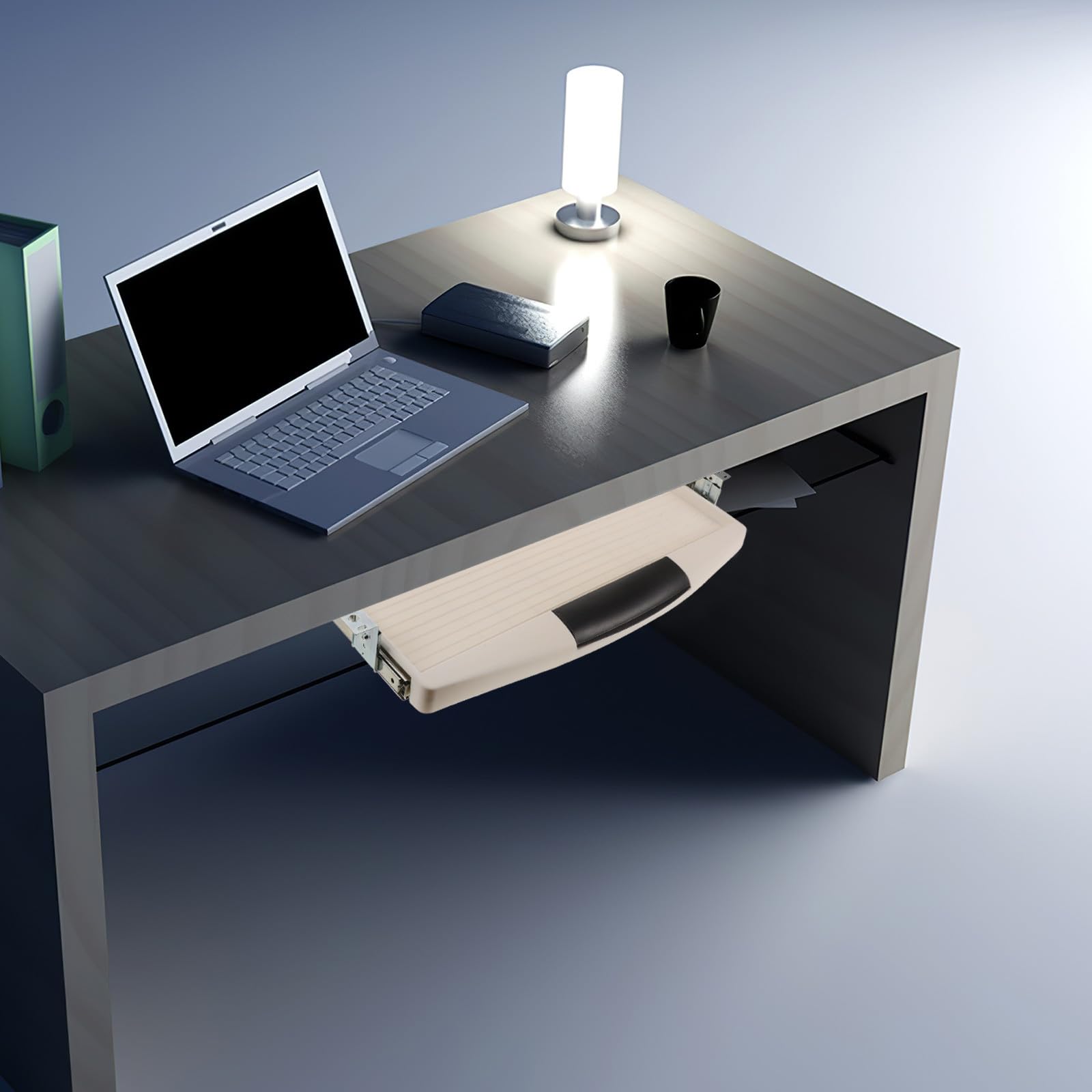 Soporte per Teclado Deslizante Extraíble bajo Escritorio Cajón ABS Plástico Gris Riel Metálico Ancho 27 CM para Ordenador Bandeja Ergonómica para Oficina y Escritorio