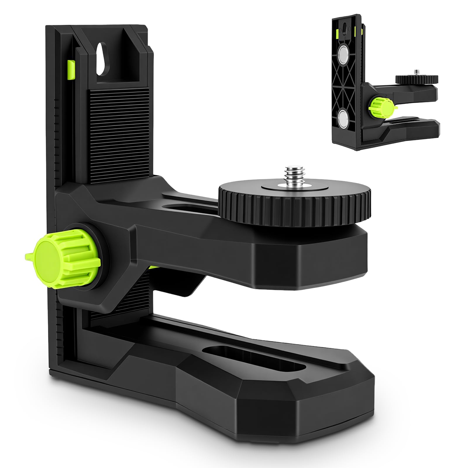 L-Shape Magnetic Bracket for Laser Level, 360° Adjustable Pivoting Base with Height Fine-Tuning, Multifunctional ABS Wall Mount Adapter with 1/4"-20 & 5/8"-11 Thread for Tripod and Laser Pole(1/4"-20)