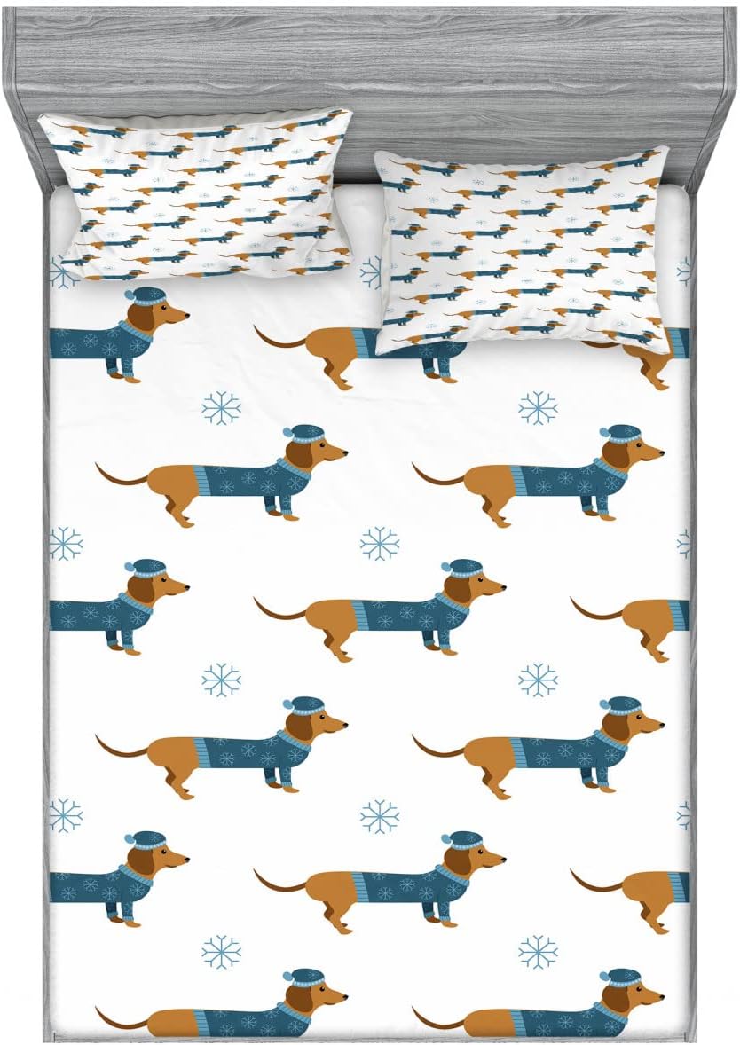 Ambesonne Dachshund Fitted Sheet & Pillow Sham Set, Winter Cartoon Sausage Dog in Pullover and Snowflakes, Decorative Printed 6 Piece Bedding Decor Set, Queen, Ginger Turquoise
