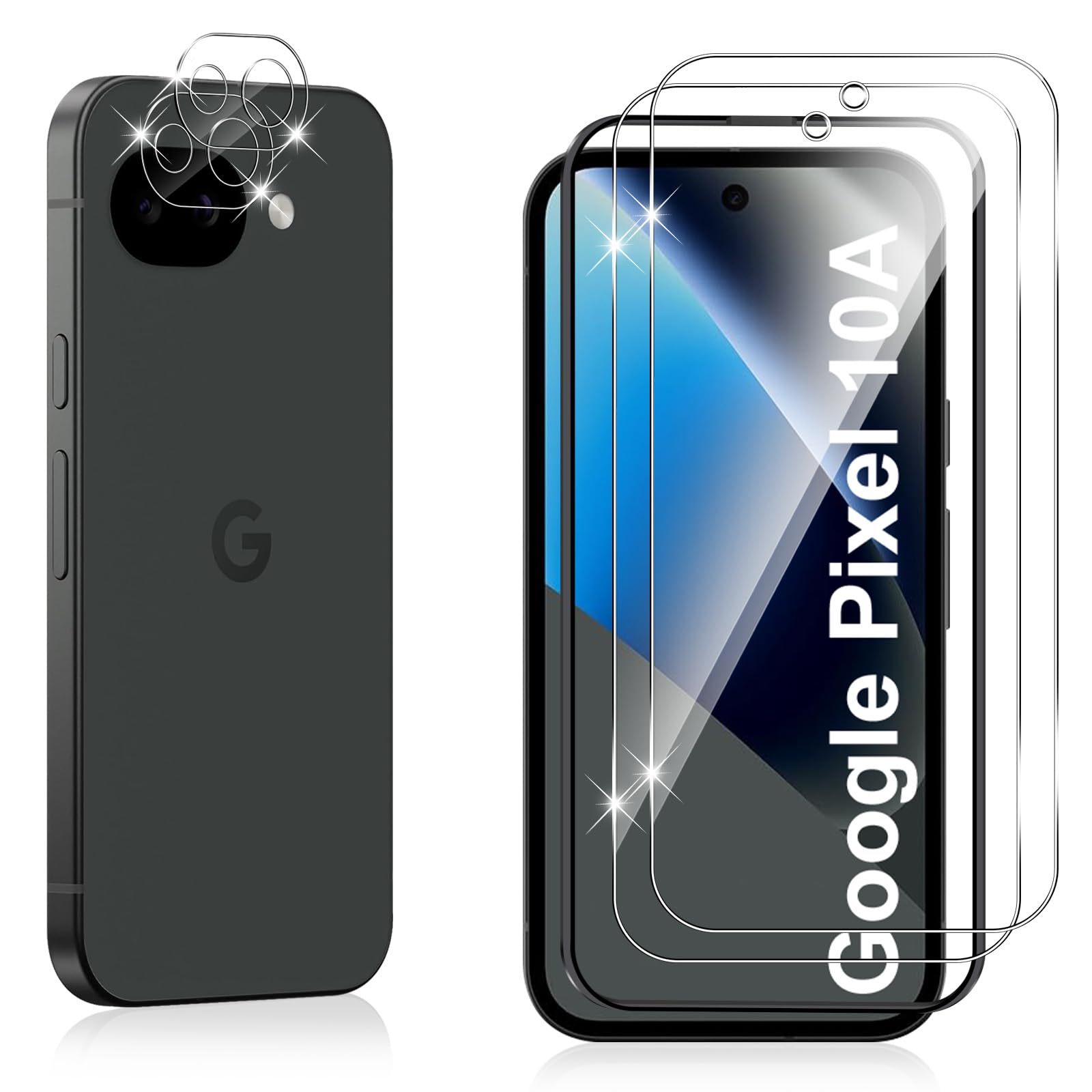 【4枚入り】対応 Google Pixel 10A ガラスフィルム（2枚）+ カメラレンズ保護フィルム（2枚） ガイド枠付き 9H硬度 強化ガラス 耐衝撃 指紋防止 高透過率 撥水撥油 気泡ゼロ 飛散防止 自動吸着 液晶画面保護 グーグル ピクセル 10A 用