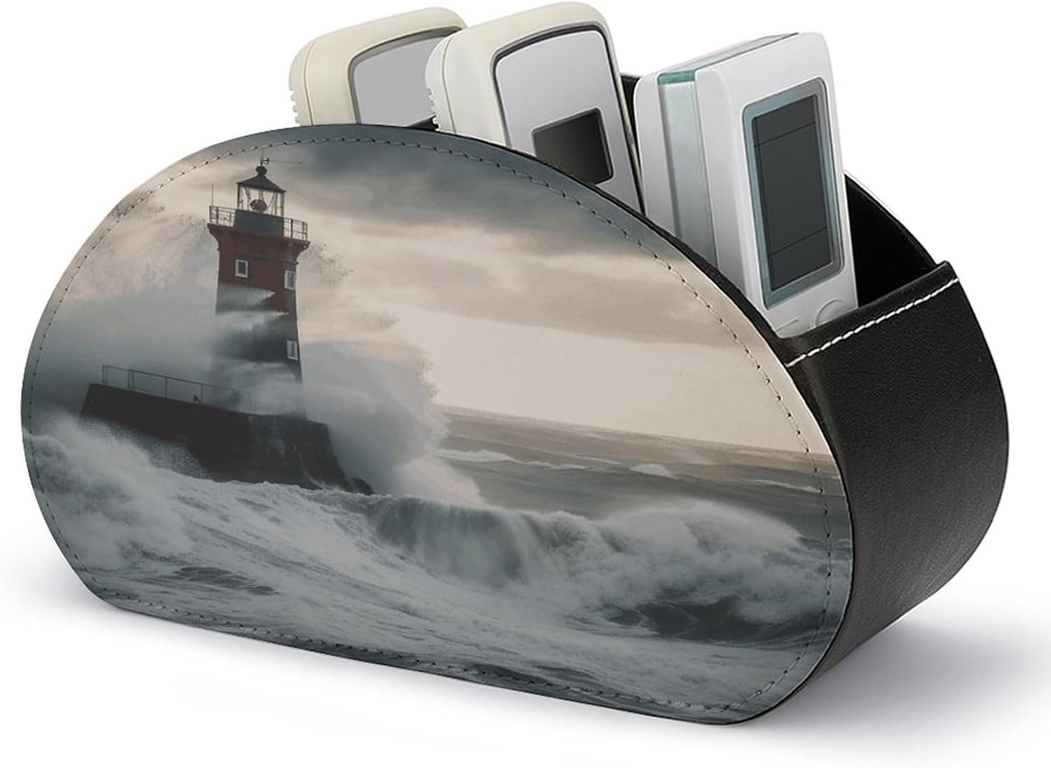 Store Controller PU Leather Remote Caddy Lighthouse In Storm Leather Remote Caddy Desktop Organizer with 5 Spacious Compartments for TV Remot/Media Controllers/Office Supplies
