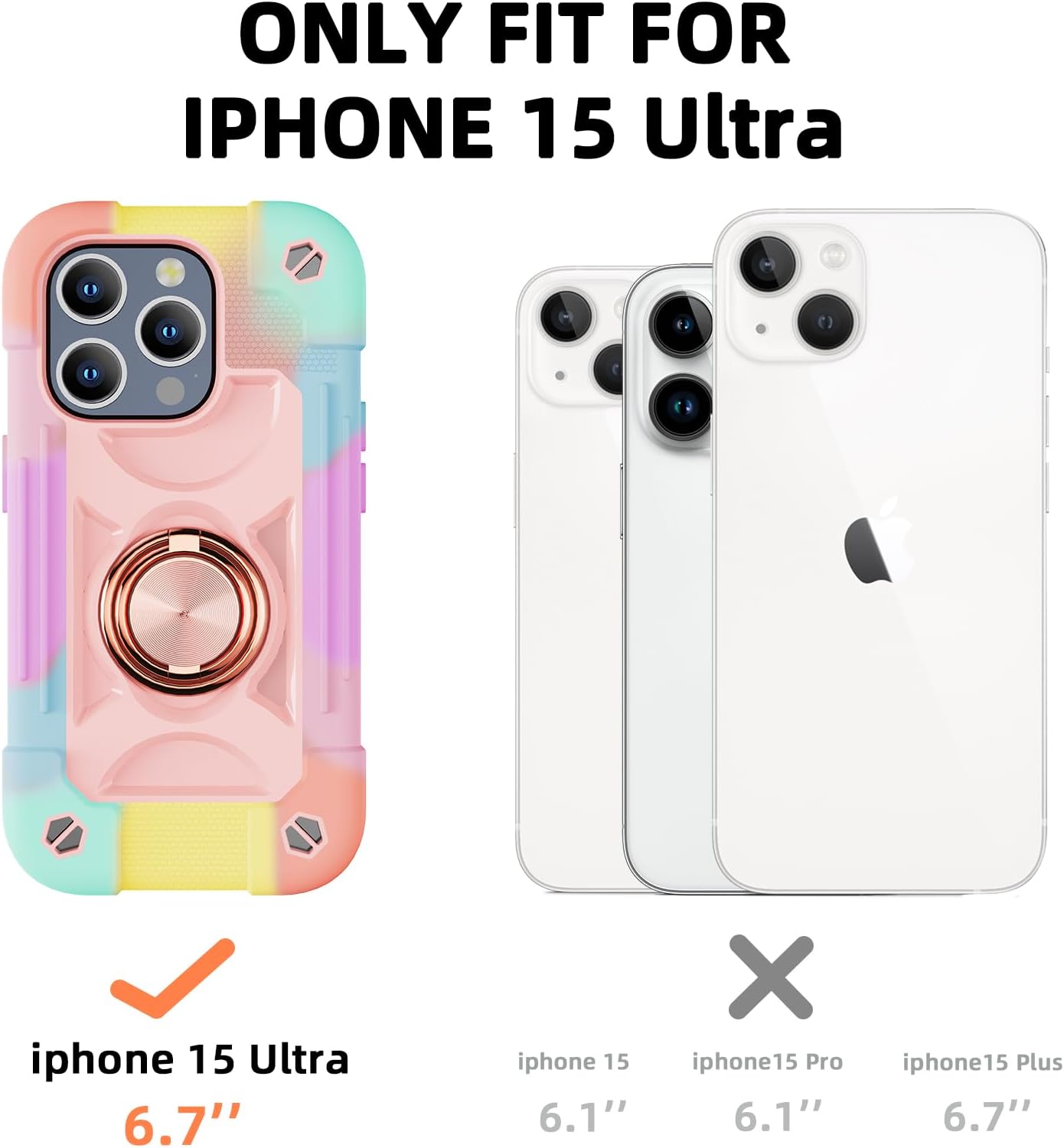Compatible with iPhone 15 Pro max Case 6.7" - Heavy-Duty Shockproof Military-Grade Rugged Cover with Ring Stand, Glass Screen Protector & Camera Lens Protector (Rainbow Pink)