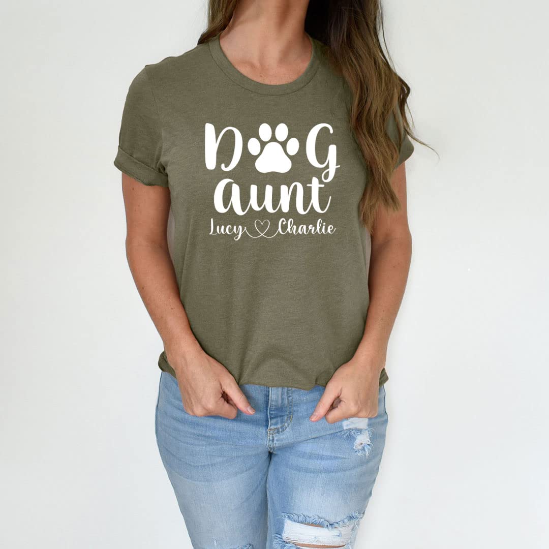 LEVY PAW Personalized Dog Aunt T-Shirt with Your Dog Names Cute Dog Aunt Gift (Heather Olive)