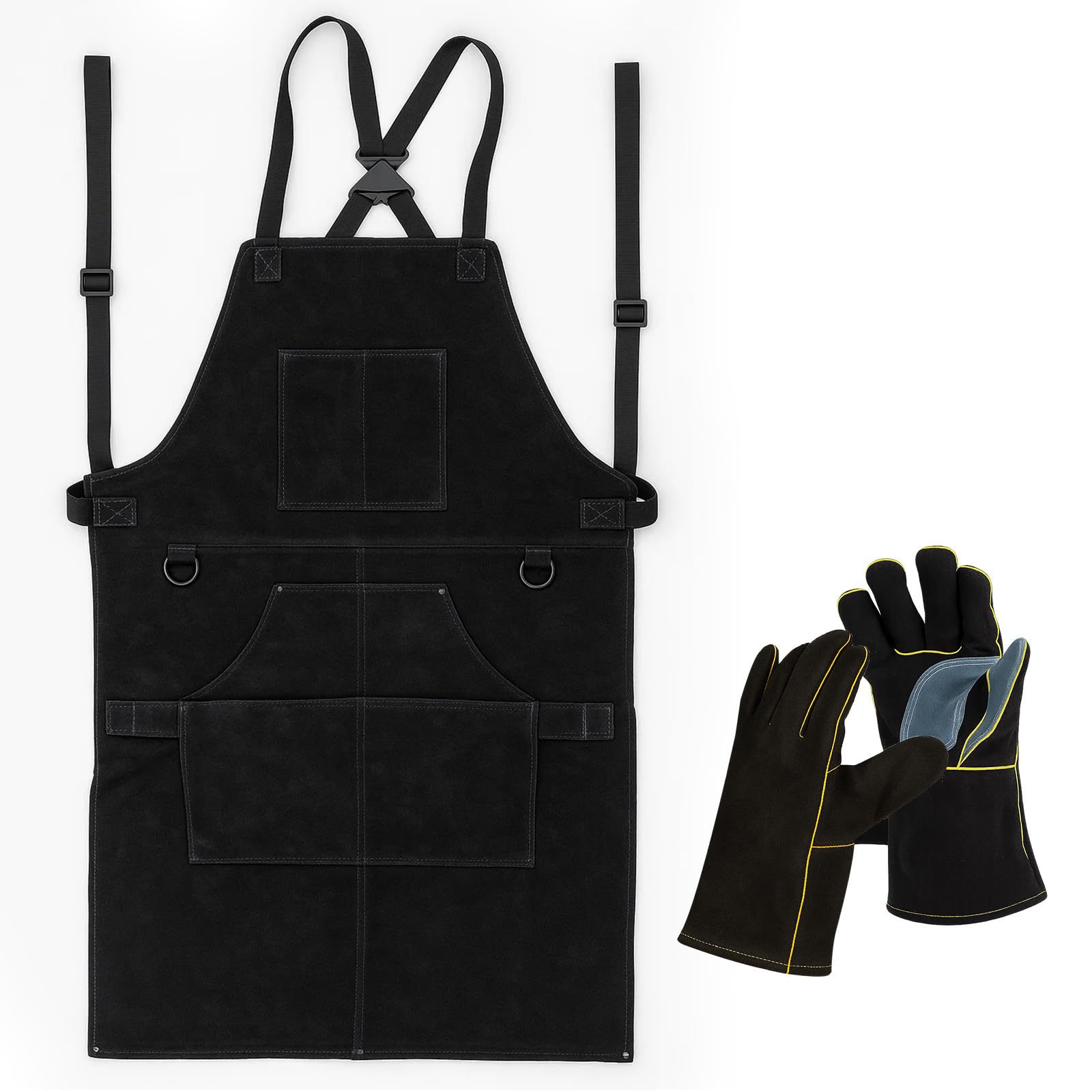 CROWNSHOP Work Apron Leather Welding Apron Adjustable Heavy Duty Fireproof Aprons with Welding Gloves