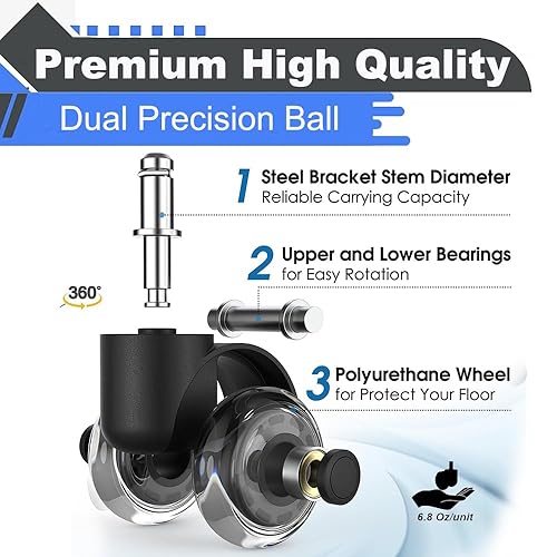 Miniatura 3 de Acuryx Juego de 5 ruedas de repuesto para silla de oficina, ruedas de goma para todos los suelos de madera dura y alfombras, ruedas resistentes para