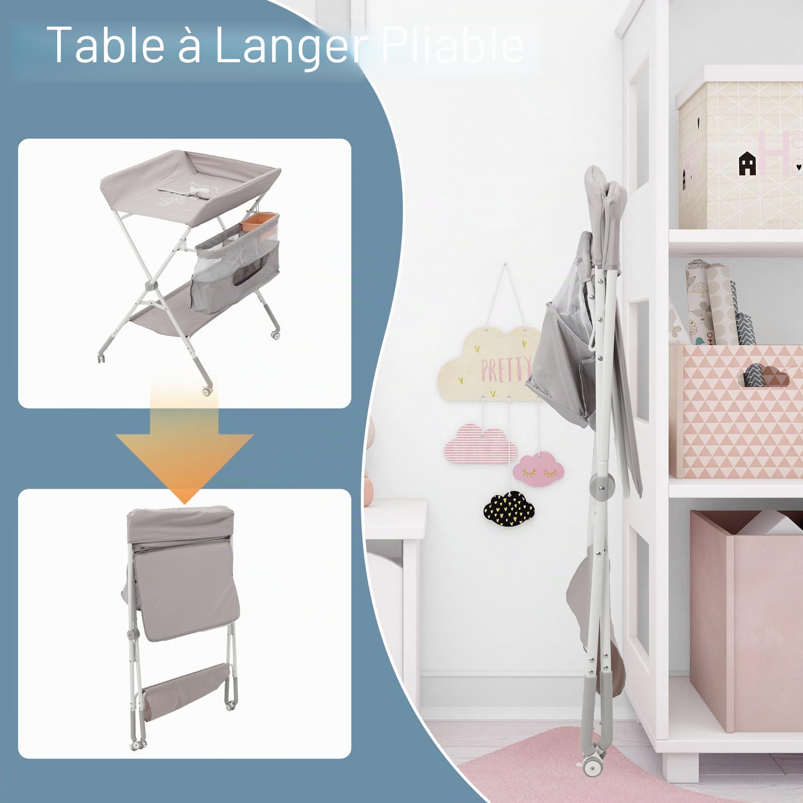 Table à langer pliable avec pieds réglables en hauteur et roues verrouillables | Station à Langer Portable Anti-basculement avec Rangement pour Nouveau-né 0-12 Mois (Gris)