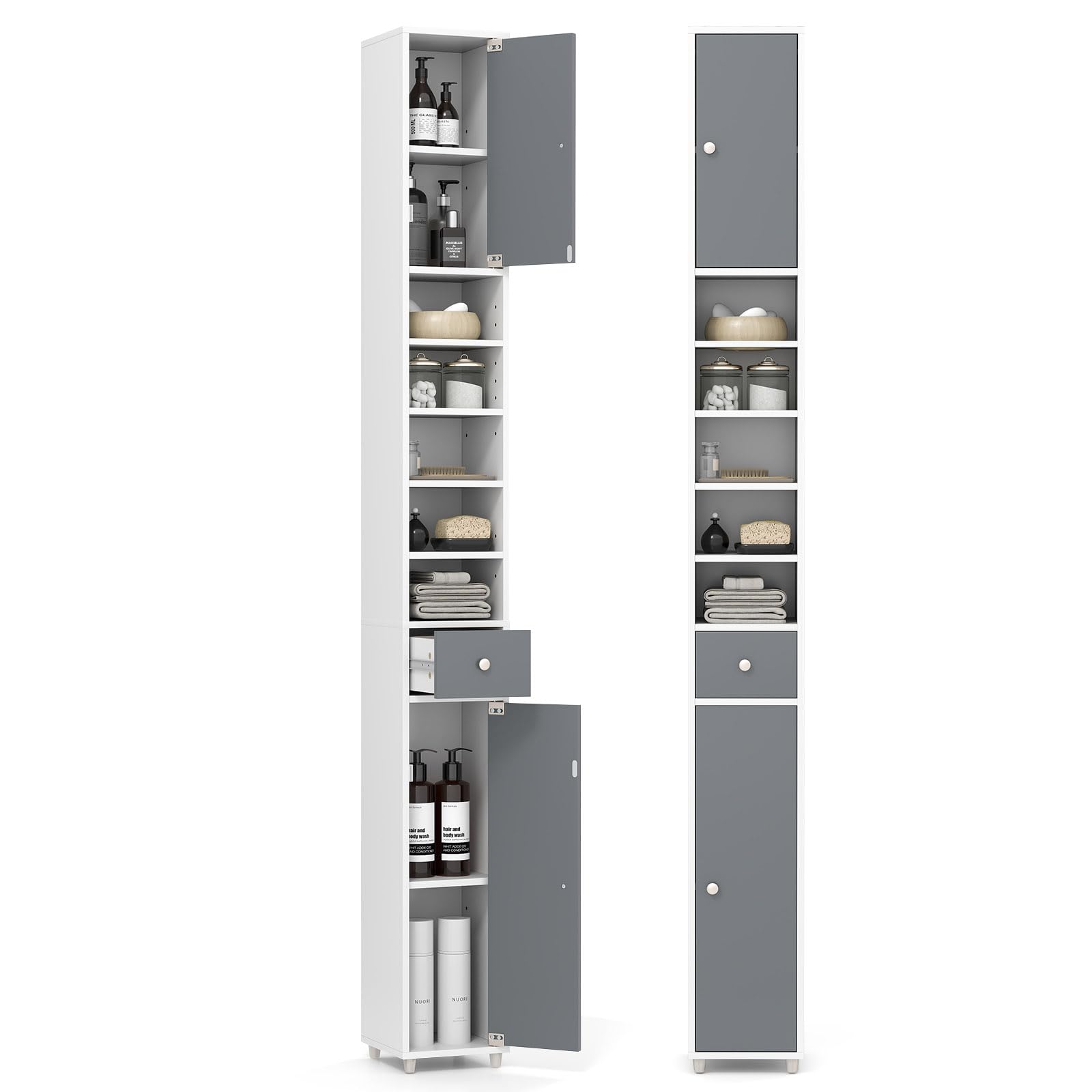 LIFEZEAL Columna de Baño de Madera Que Ahorra Espacio, Mueble Multiusos con 2 Puertas y 1 Cajón y 5 Estantes Ajustables, 20 x 20 x 180 cm, Armario Esquinero de Suelo con Dispositivo Antibalanceo