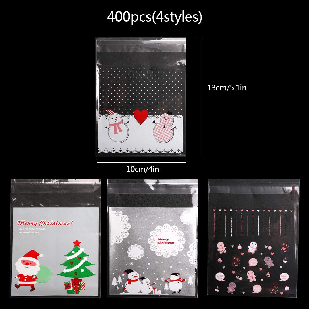 VIDILLO 400 Süßigkeitentüten Weihnachtlich – Selbstklebend, Transparent, 10x14 Cm, 4 Motive (Rentier, Weihnachtsmann, Baum, Schneemann)