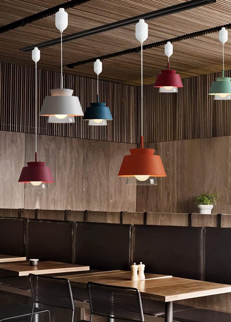 Adjustable Height H Type Track Lighting Pendants 4 Ft Macaron Style Green Iron & Glass Instant on Auto Retractable Track Mount Pendant Light Decorate for Kitchen Island Customizable