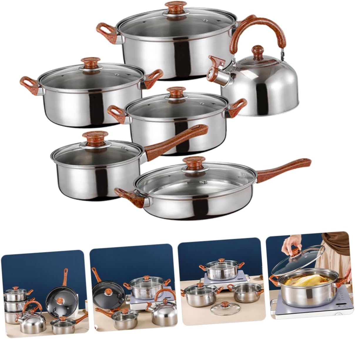 Multifunctional Pot Set 12 Piece Stainless Steel Cookware Steel Pots Pans Easy to Use Cooking