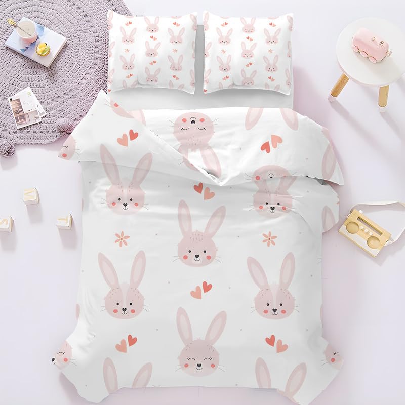Housse de couette 140x200 lapin blanc parure de lit 1 personne microfibre enfant
