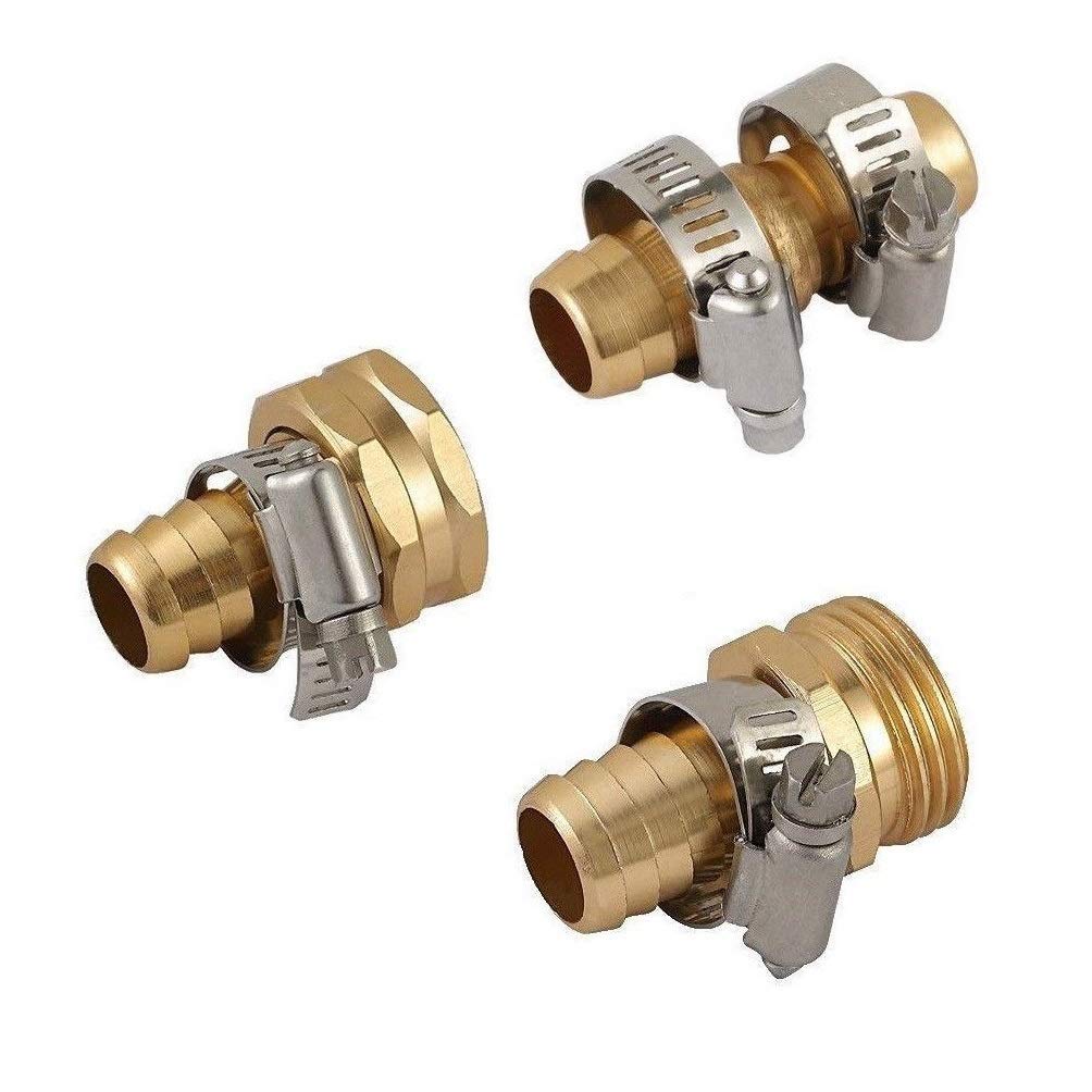 Metal Solid Brass 3/4 inch Garden Hose Repair Mender Kit Male Female Repair with Stainless Clamp