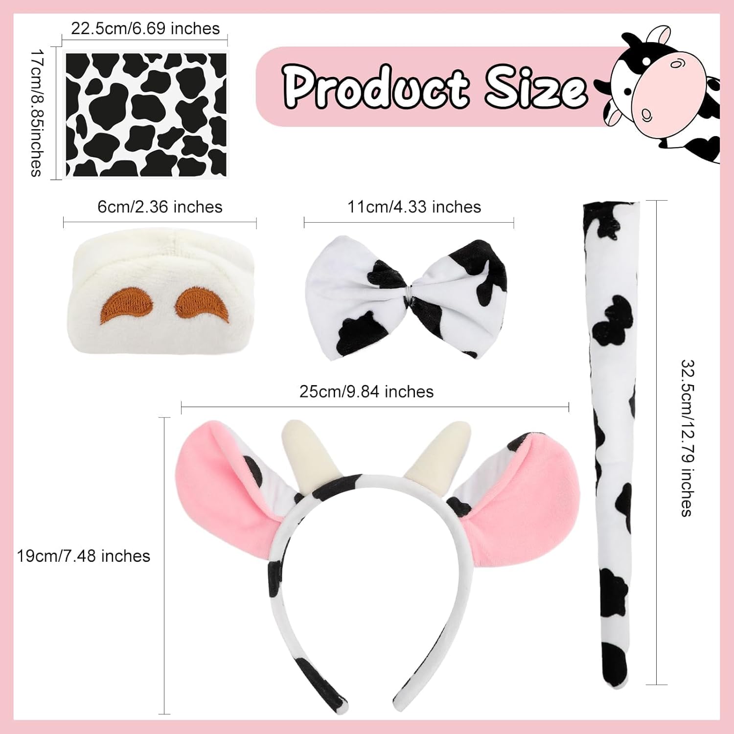 Mototo 8 PCS Cow Costume Accessories Set Ears Headband Women Milk Nose Tail Bow Tie Felt Pads Cow Print Sticker for Adults Halloween Birthday Dress Animal School Cosplay Party Favor - Image 2