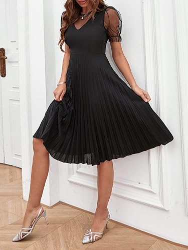 Miniatura 4 de WDIRARA Vestido de malla transparente con mangas abombadas para mujer, de talle alto, elegante, plisado, color liso, multicolor, talla XL, Varios