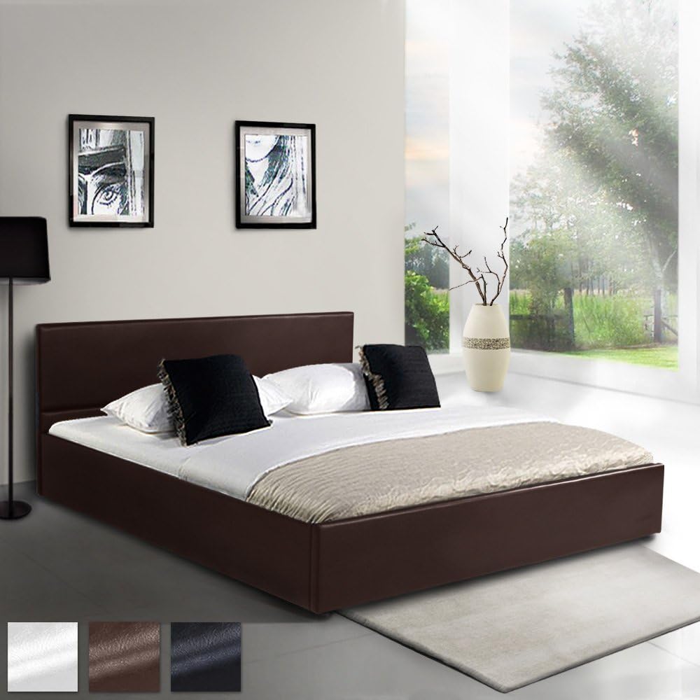 MIADOMODO Faux Leather Bed (120 x 200 cm) | with Slatted Frame Spacious Bed Base with Integrated Linens Storage Space | Brown