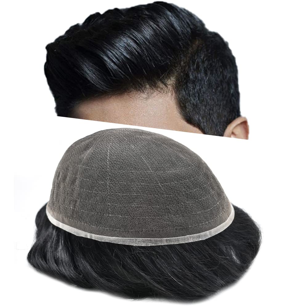 Transparent French Lace Mens Toupee Remy Human Hair Replacement System Bleached Knots Full Lace Gray Brown Black Blonde Hair Piece Natural Wig For Men #1 Jet Black-120% Medium Light to Medium 6x9"