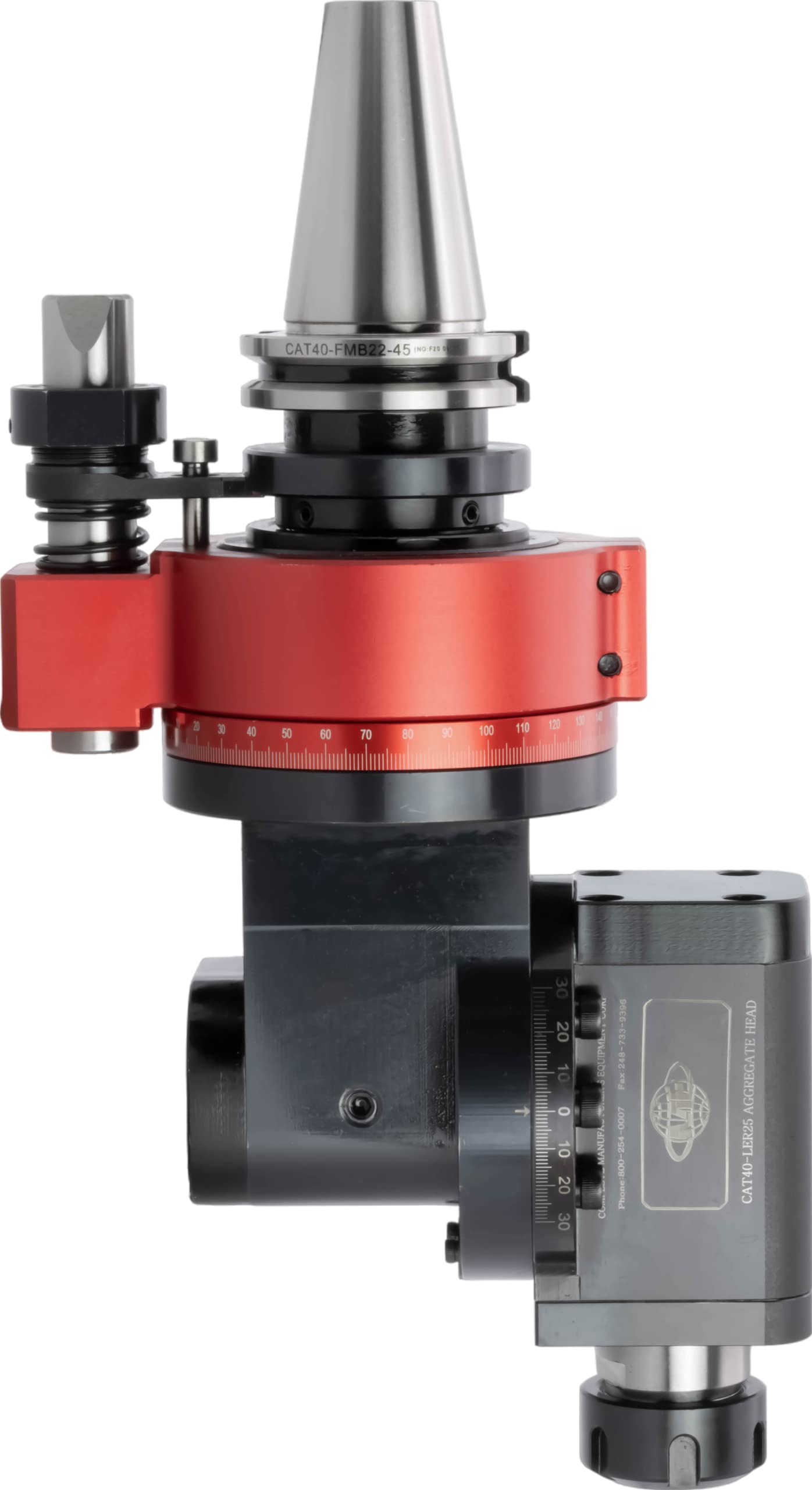 Universal CNC Angle Head, CAT 40 Taper Shank, for ER-25 Collets, -115°-115° Spindle Angle Adjustment