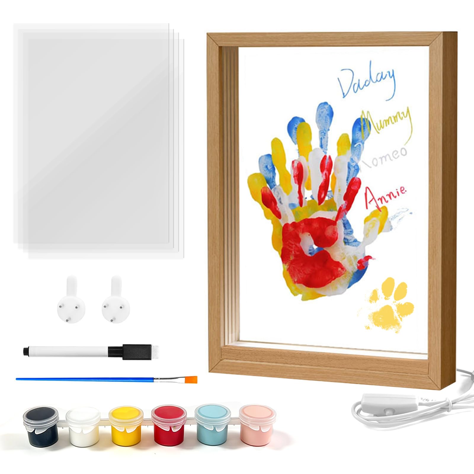 Kit Impronta Mano Famiglia con Lucietta LED, Spazio per 4 Persone, Kit Impronta Mano e Piede Bebè, Impronta Neonato, Cornice in Legno da Creare per Regalo
