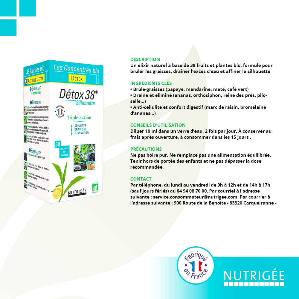 NUTRIGÉE - Détox 38 - Boisson Concentrée Bio - Triple Action - Drainage, Élimination et Purification – 30 Plantes Bio – Anti-Rétention d’Eau et Anti-Cellulite – Complément Liquide Naturel – 300 ml