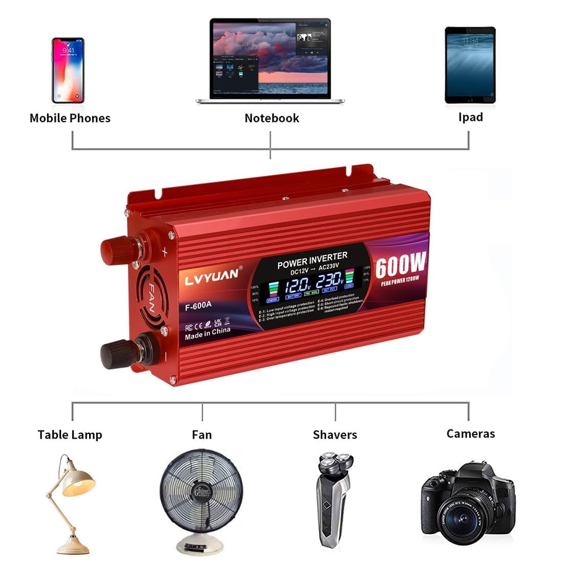 LVYUAN 600W/ 1200W Convertidor de tensión CC 12 V a CA 220V Convertidor de Corriente Inversor para Coche, Autocaravana, camión