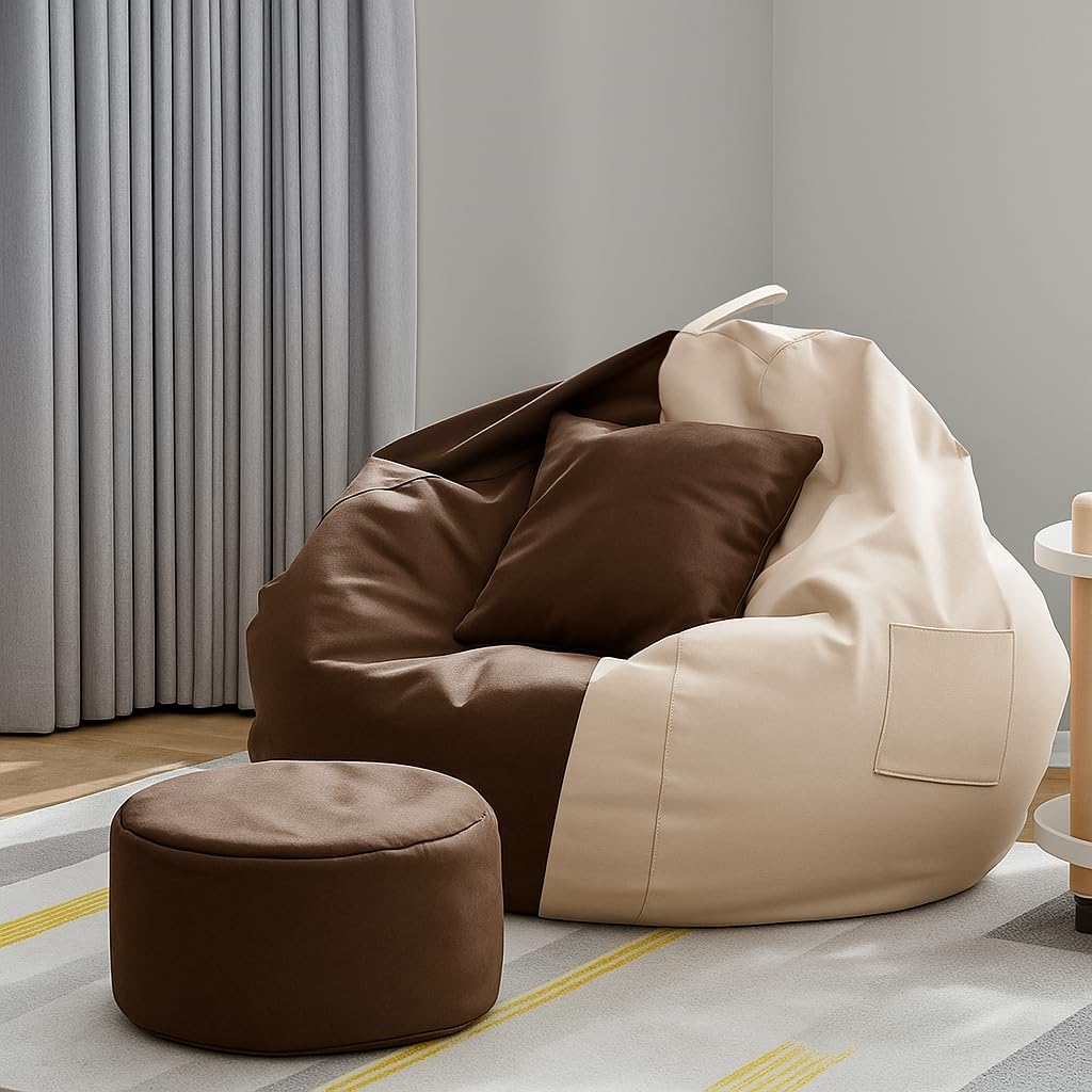 OHSTORE 4XL Bean Bag Cover Set in Faux Leather with Footrest & Cushion β No Filling, Ideal for Home, Office & Gaming Lounge, Cream & Brown (Only Cover)