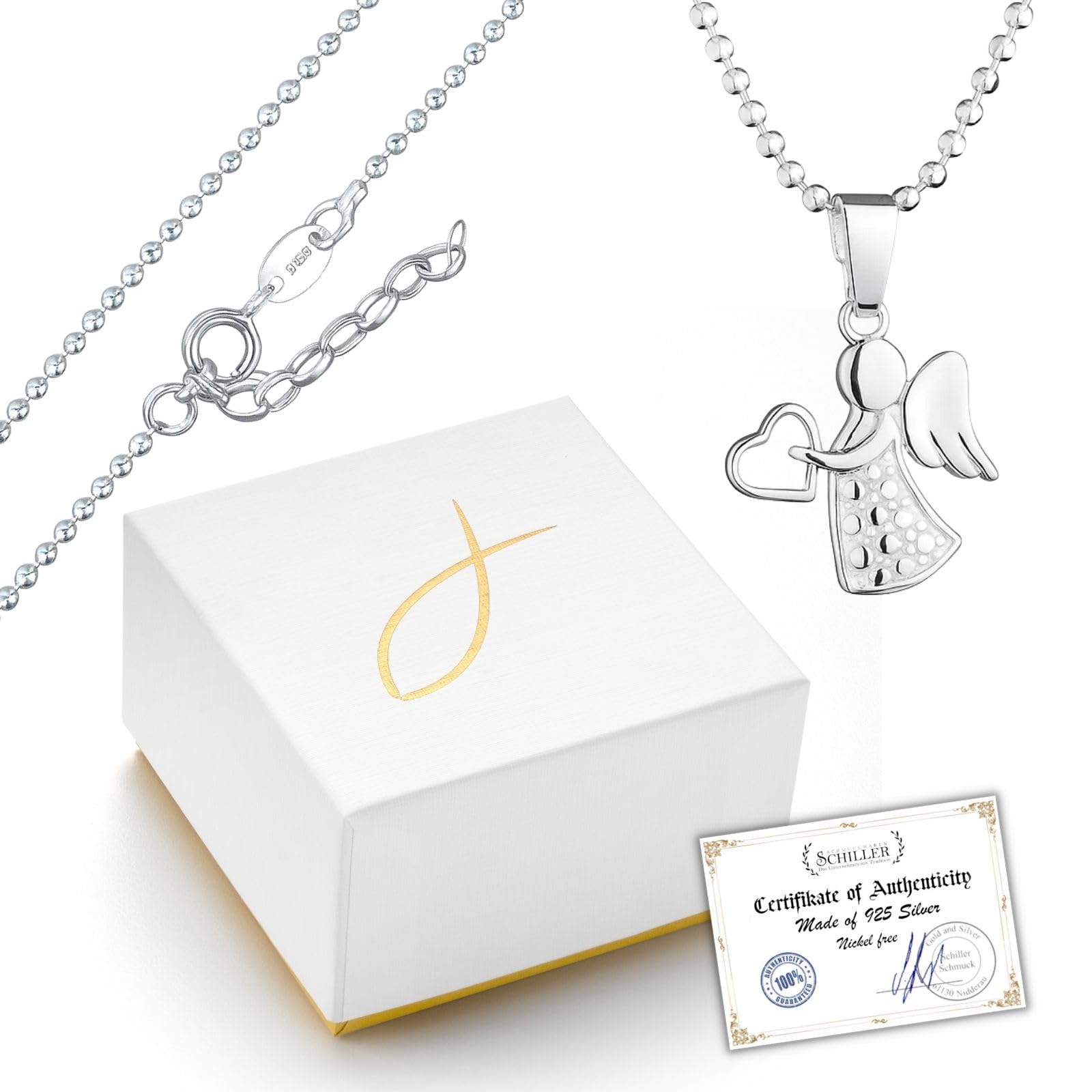 Fish collana in argento Sterling 935 con ciondolo angelo con custodia, idea regalo gioielli