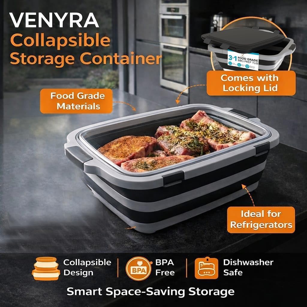 BBQ Prep Tub with Locking Lid, 2 Meat Shredder Claws Collapsible Cutting Board with 3 Adjustable Heights. BBQ Prep tub & Resting Bag, Multifunction Basin for Kitchen, Grilling, Camping & Picnics.