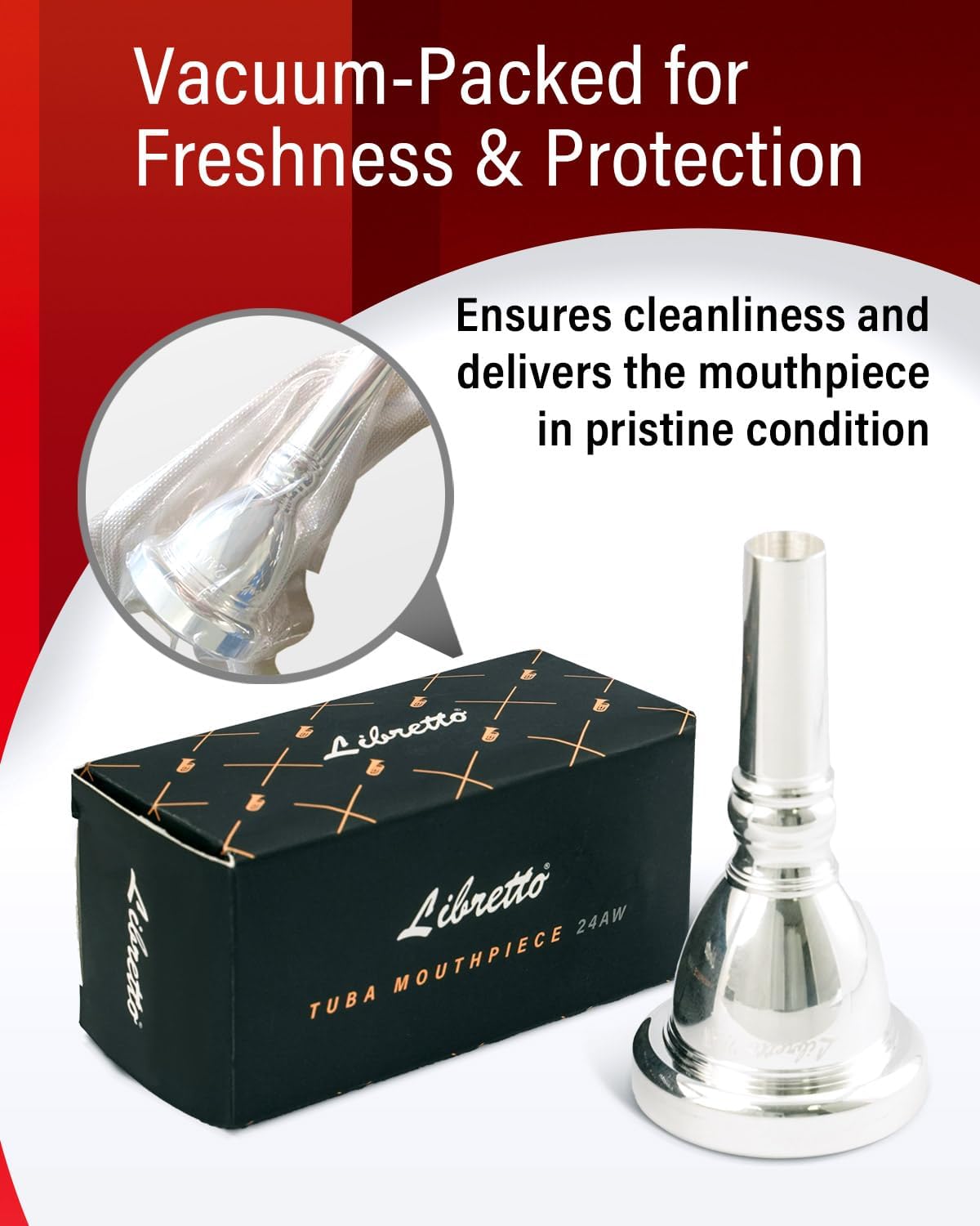 Libretto 24AW Tuba Mouthpiece, 2μm Silver Plated Tuba Mouthpiece w/Vacuum Packing, Designed for Beginners, Students, Intermediate Players