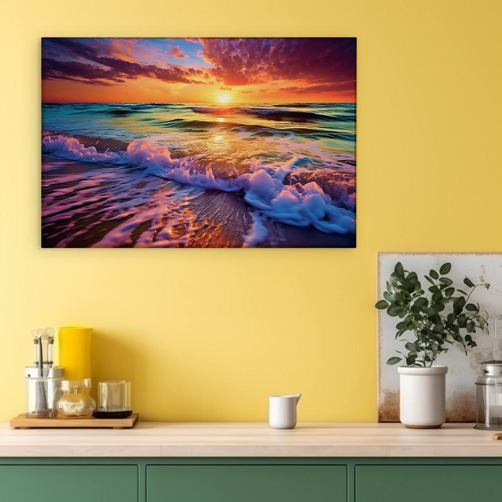 Canvas for Living room. Sunset Serenity on the Shores � A Vivid Tapestry of Sky and Sea at Dusk, 27 x 18 inch Canvas Wall Art - Beach Sunsets And Sunrises - Modern Home Decor