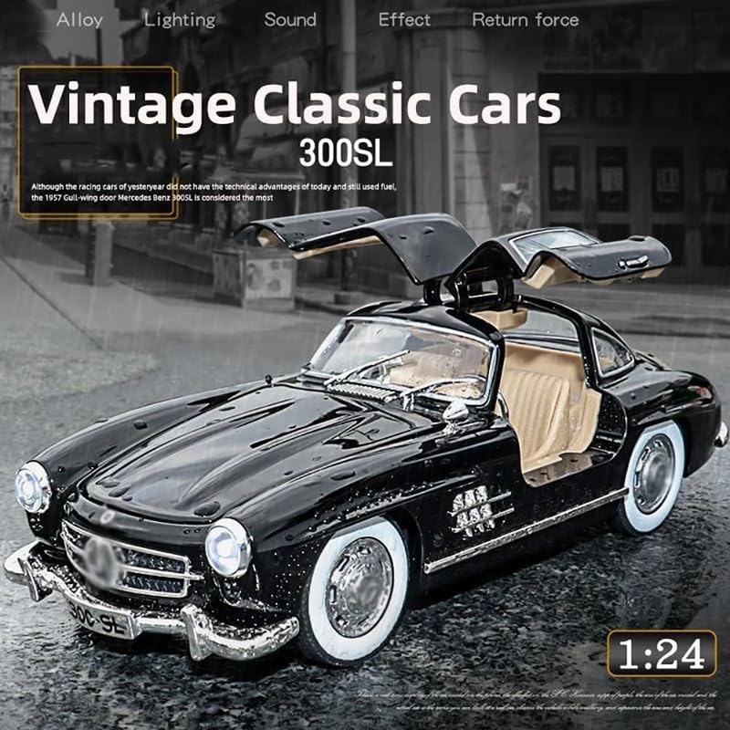 Image of Kids Model 1:24 Vintage 300 SL Classic Die Cast Metal Car Pull Back Action Opening Doors with Realistic Engine Sound Lights Toy Car Gift for Boys - Black