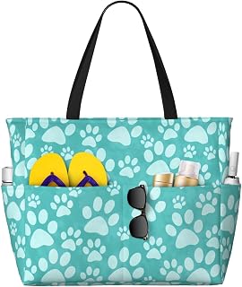 Teal Doggy Paw Print Large Beach Tote Bag For Women With Zipper & Wet Pocket, Lightweight Foldable Gym Tote For Travel, Grocery, Swim, Sports