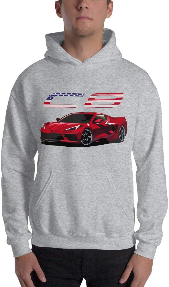 2020 Mid Engine Sports Car C8 Patriotic Graphic Hoodie Pullover Sweatshirt | Car Lover Pullover Sport Grey