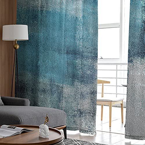Funy Decor Turquoise Sheer Curtain Panels 52X63In Abstract Paint Art Graffiti Voile Window Curtain 2Pc Chiffon Curtains Cyan Teal Gray Light Filtering Window Treatment Drape For Bedroom Living Room #TOP3