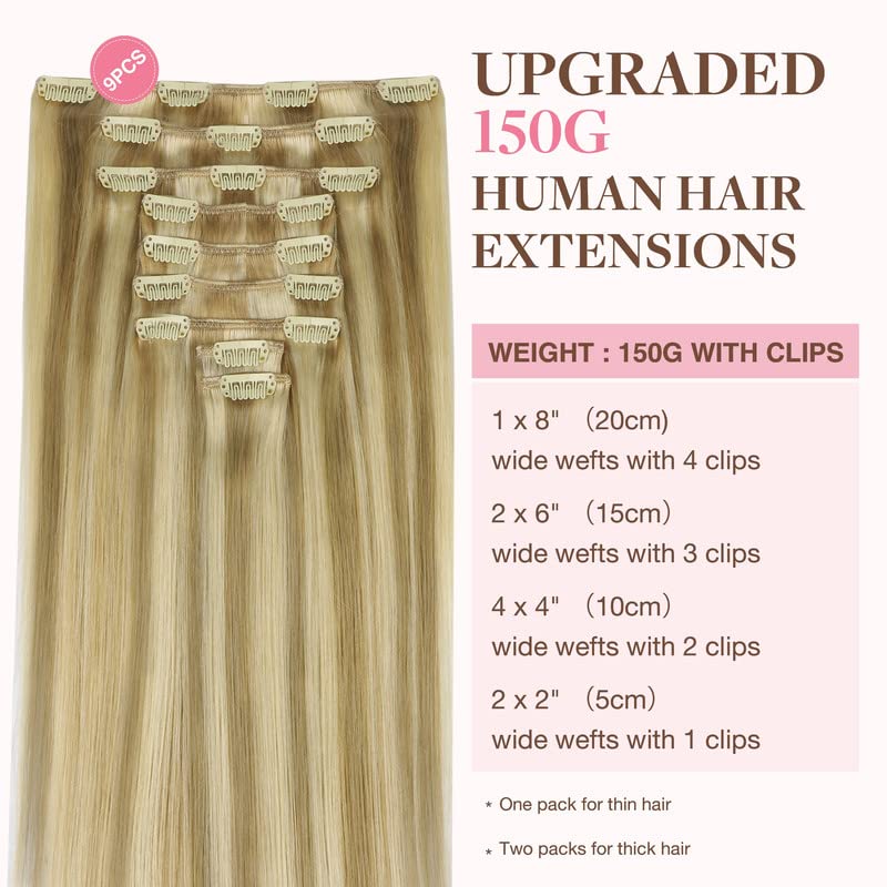 Image of GOO GOO Clip in Hair Extensions Real Human Hair, Remy Human Hair Extensions Clip ins for Women, Natural Human Hair, 16inch 150g 9Pcs, 16 /22 Light Blonde Highlighted Golden Blonde