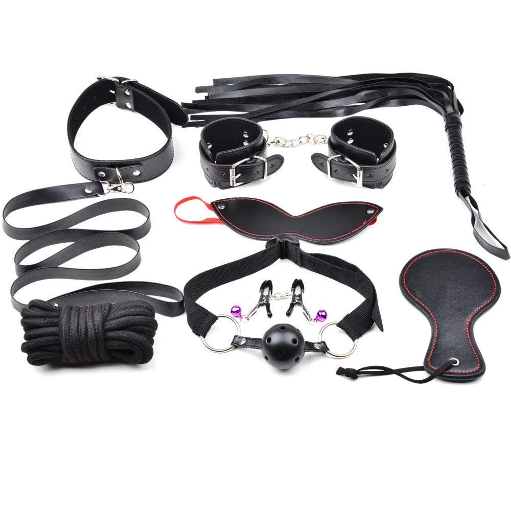 BeHorny S & M Bondage Kit Including Whip/Rope/Cuffs/Blindfold/Collar/Ball Gag/Nipple Clamps/Spanker